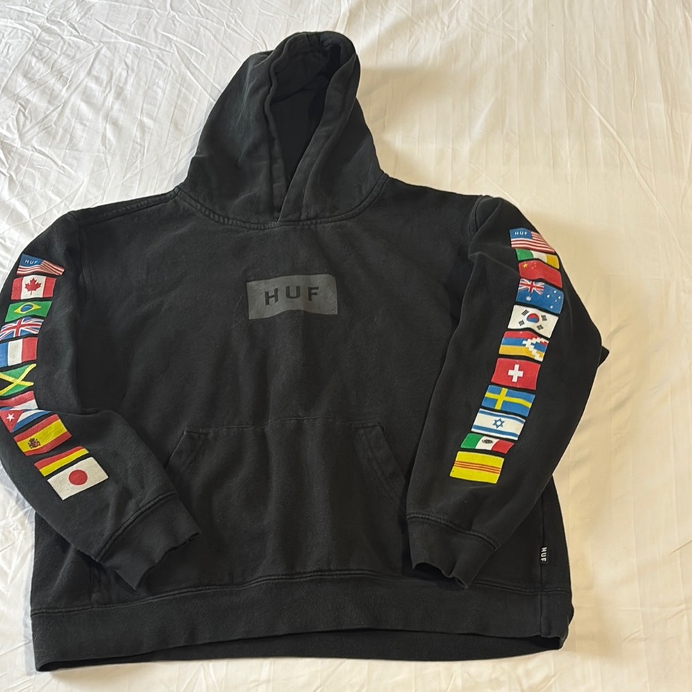 HUF Black Hoodie with Flag Sleeves